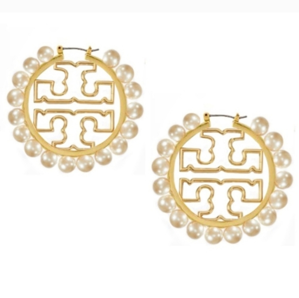 Tory Bruch Gold Miller Wire Hoop Pearl Logo Earrings New